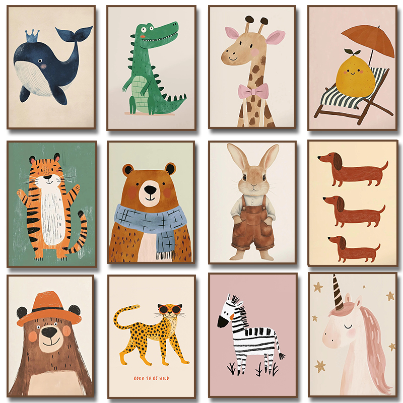 Baby Nursery Giraffe - Poster Ilustrasi Hewan Lucu Lukisan Kanvas