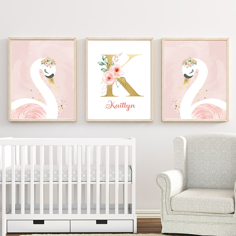 Baby Name Wall Art - Mahkota merah muda angsa emas disesuaikan