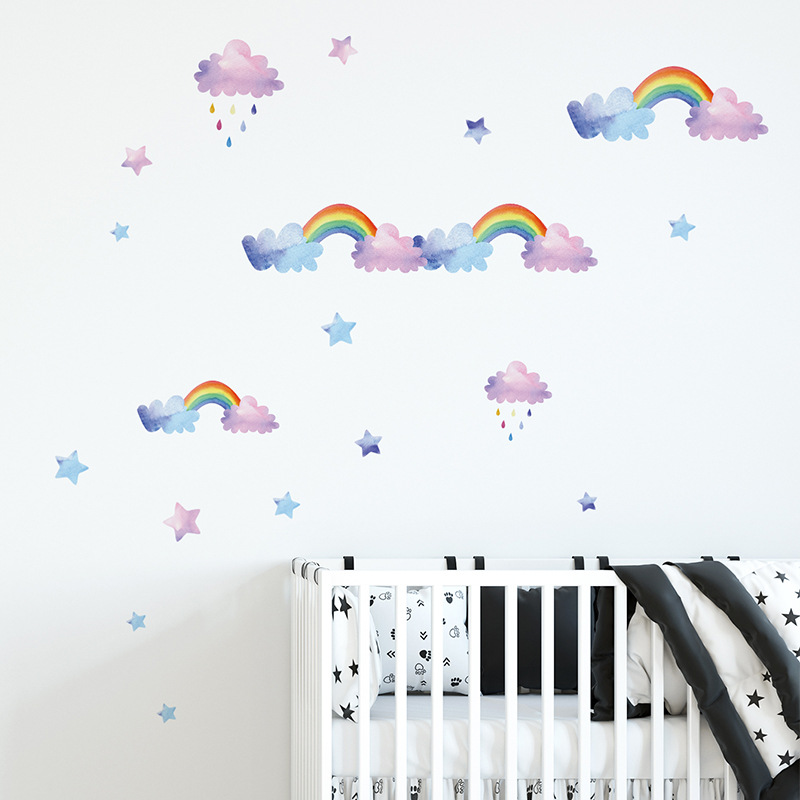 Baby Nursery Layout - Stiker Dinding Awan Pelangi Kartun untuk