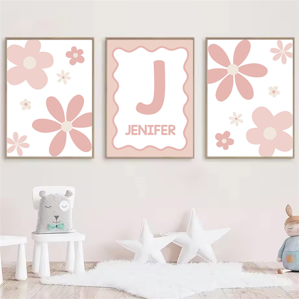 Baby Name Wall Art - Poster Kartun Bunga Daisy Merah Muda