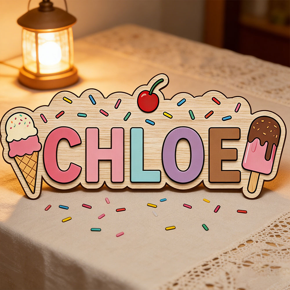 Baby Name Wall Art - Papan Kayu Bertema Es Krim Cone