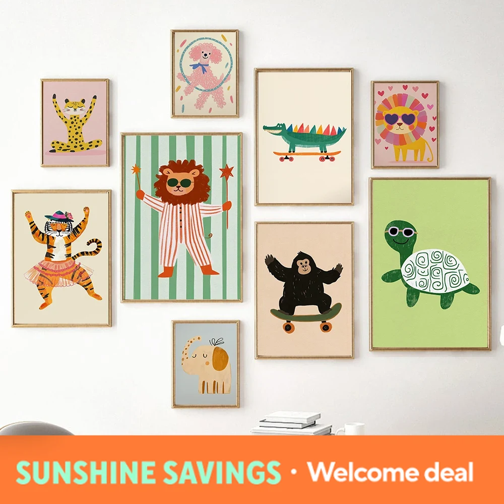 Baby Nursery Jungle - Seni Dinding Yoga Leopard Gajah Singa,