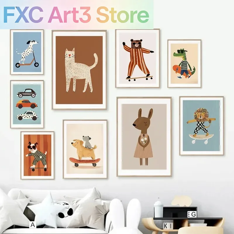 Baby Nursery Posters - 1 Buah Poster Skateboard Kucing Anjing
