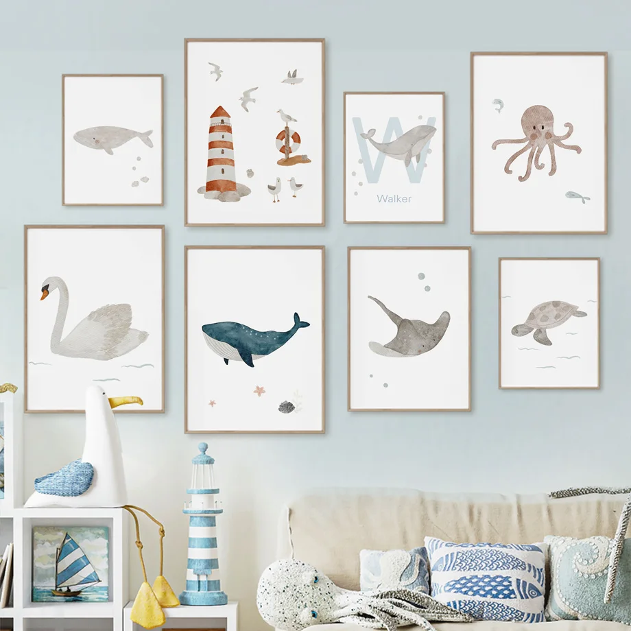 Baby Name Wall Art - Kustom nama paus gurita penyu angsa