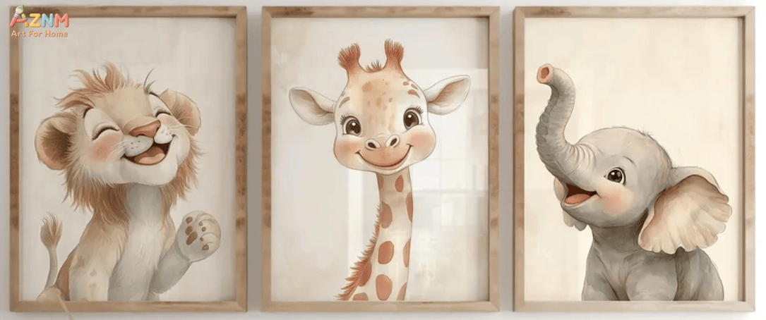 [2D Flat] 1/3 Buah Poster Kanv - Baby Nursery Giraffe ulasan dan harga